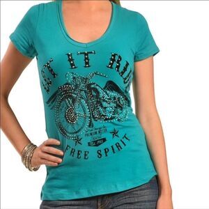 Teal Green V Neck Short Sleeve Studded Rhinestone Moto Graphic Fitted Tee NEW